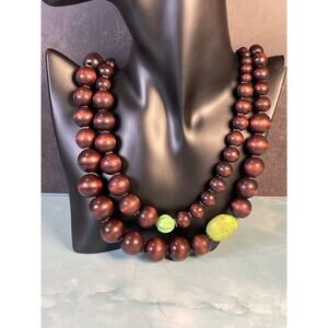 Chunky Wood Boho Bead Necklace Brown and Green Statement 24"